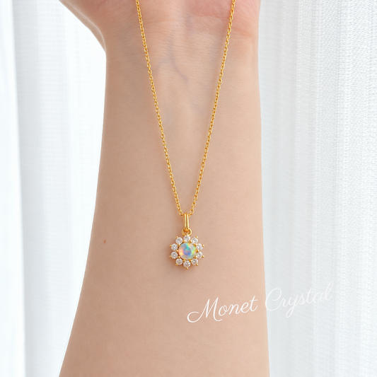 “Morning Halo” 10K Gold Plated S925 Sterling Silver Opal Sun Necklace