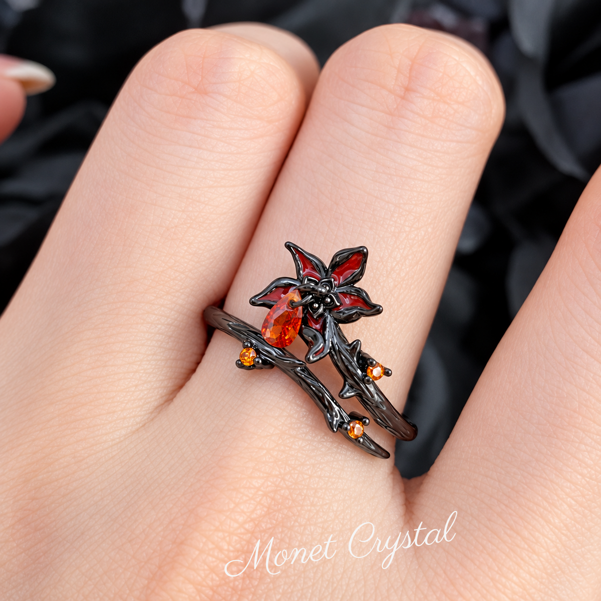 “Night Bloom” Black Gold Plated S925 Sterling Silver Datura Flower Adjustable Ring