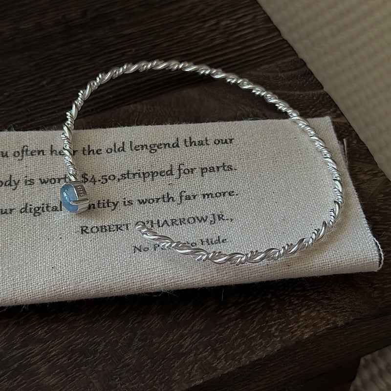 “Blue Mist” S925 Sterling Silver Aquamarine Open Bangle Bracelet