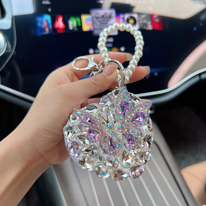 Crystal Butterfly Heart Compact Mirror Keychain & Bag Charm