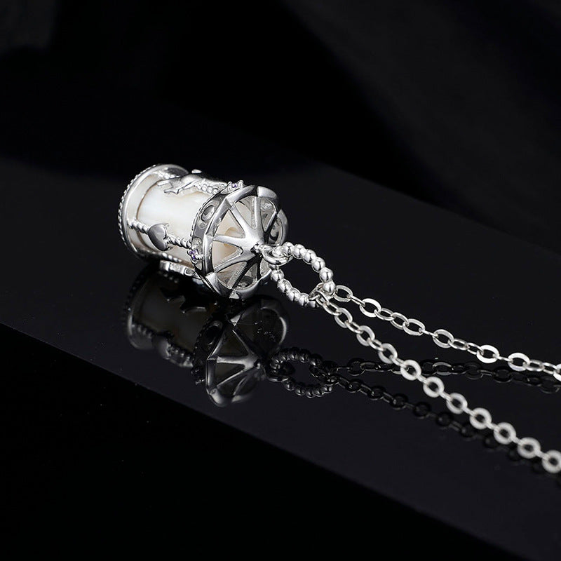 "Carousel Charm" 925 Sterling Silver Necklace – Rotating Horse, White Gold Plated