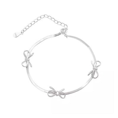 Bow Elegance 925 Sterling Silver Flat Snake Chain Bracelet – Adjustable, Three Bows