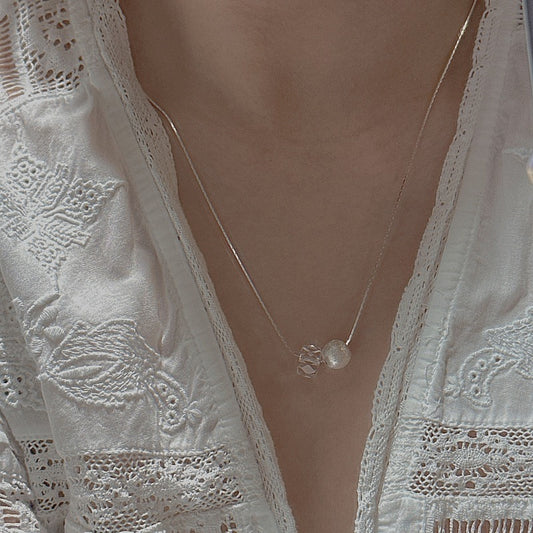 "Twilight Beads" 925 Sterling Silver Necklace – Brushed Silver & White Crystal