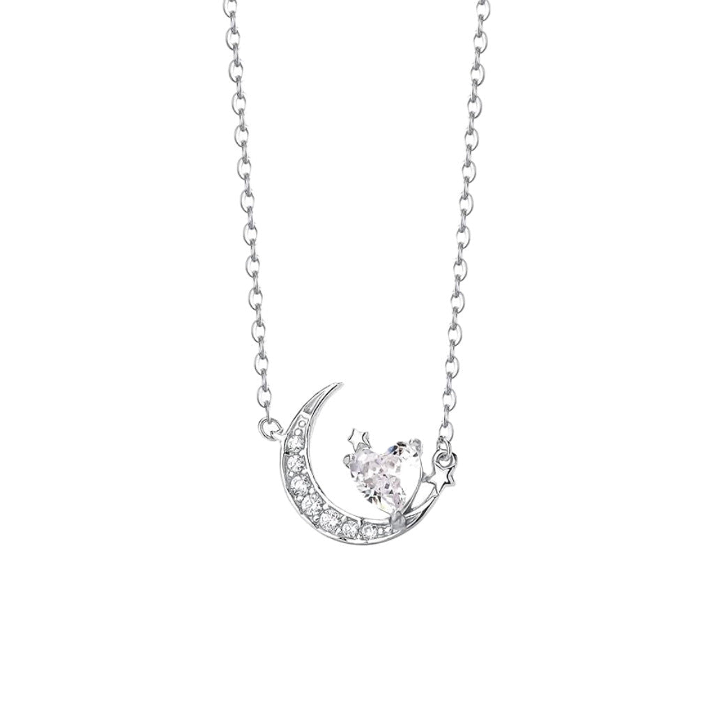 "Night Dream Starlight" 999 Pure Silver Heart and Moon Necklace - Dreamy and Elegant