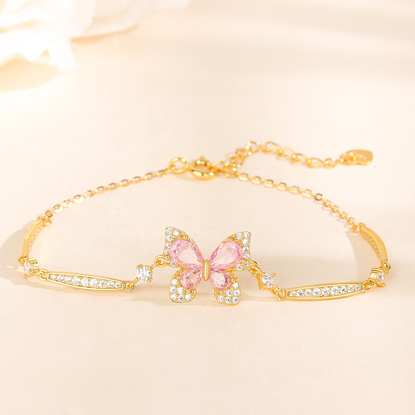 “Pink Flutter” S925 Sterling Silver Pavé Butterfly Bracelet