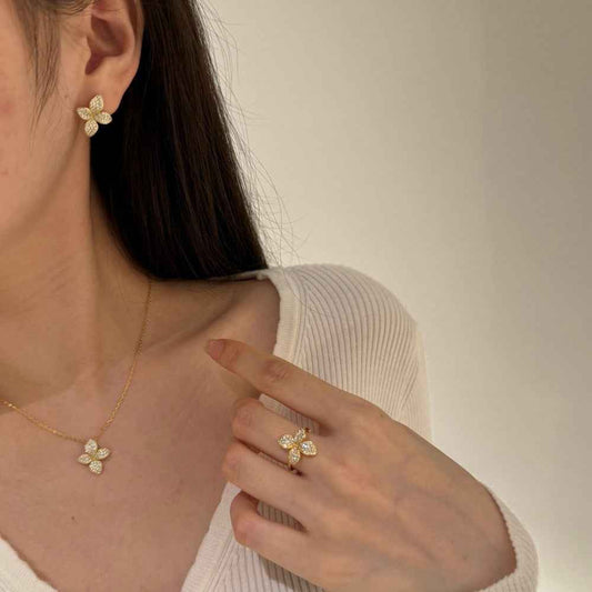 “Aurelia Bloom” S925 Sterling Silver Pavé Flower Jewelry Set