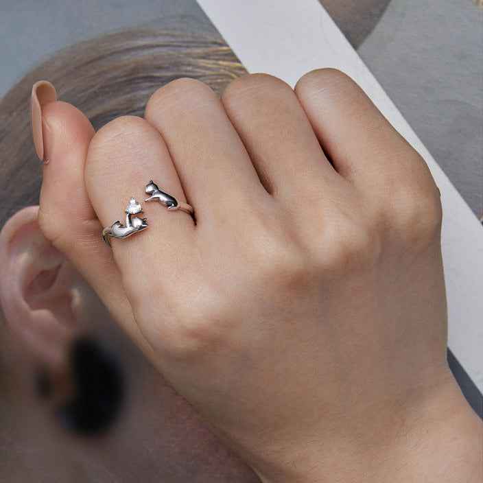 “Kitty’s Treasure” S925 Sterling Silver Heart Stone Cat Open Adjustable Ring