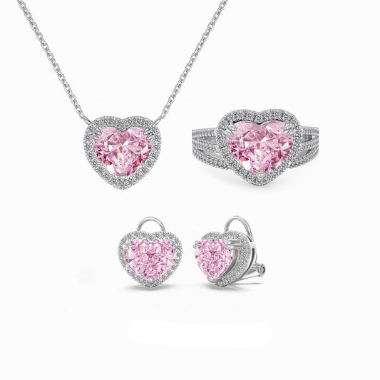 "Crystal Pink Heart" S925 Sterling Silver Jewelry Set