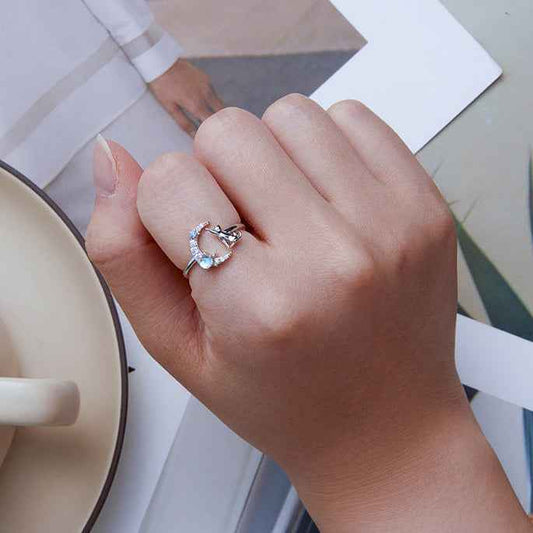 “Moonlit Kitty” S925 Sterling Silver Moonstone Cat Open Ring
