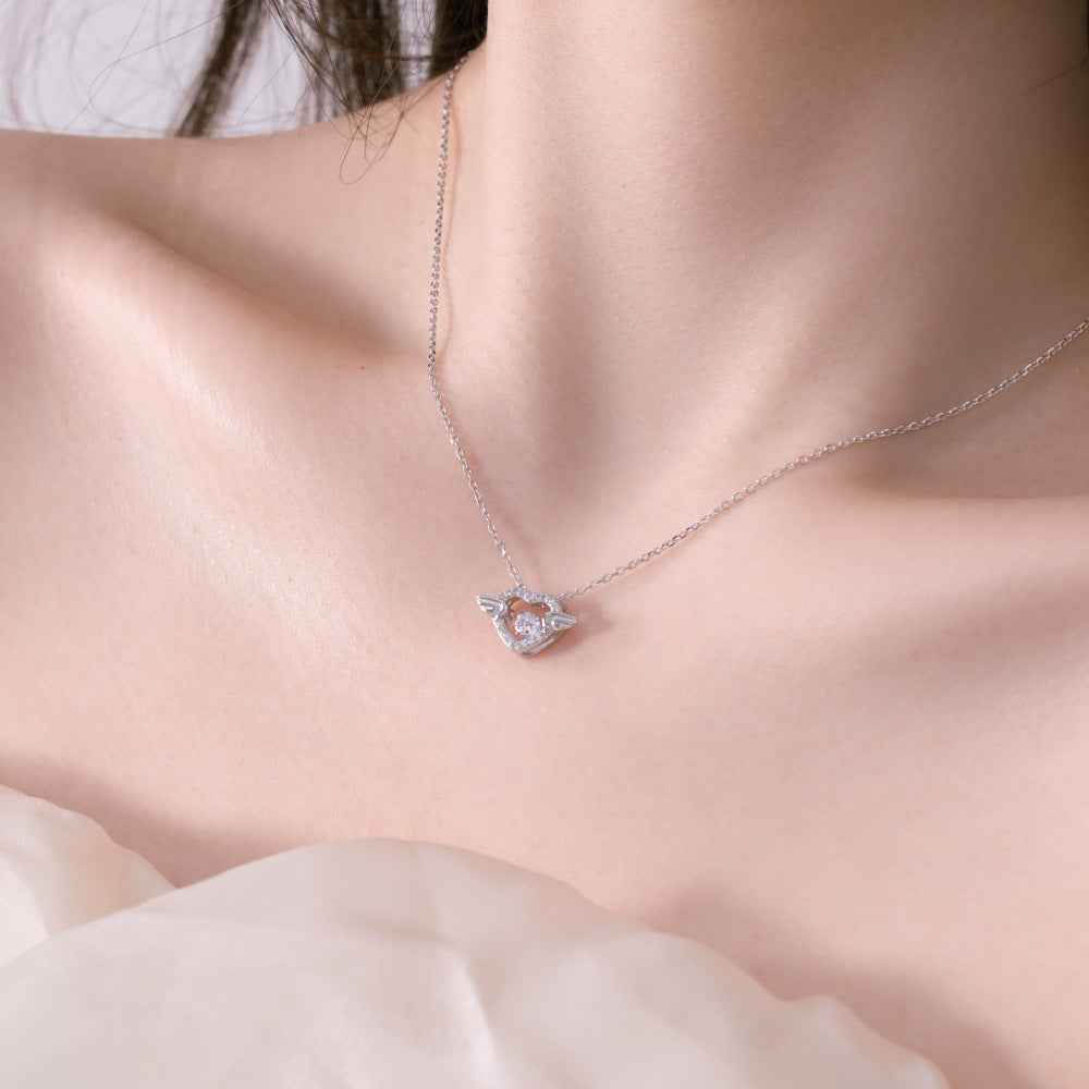 "Fluttering Heart" 925 Sterling Silver Winged Dancing-Heart Necklace