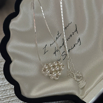 "Beaded Heart" 925 Sterling Silver Necklace – Korean-Inspired, Vintage Style