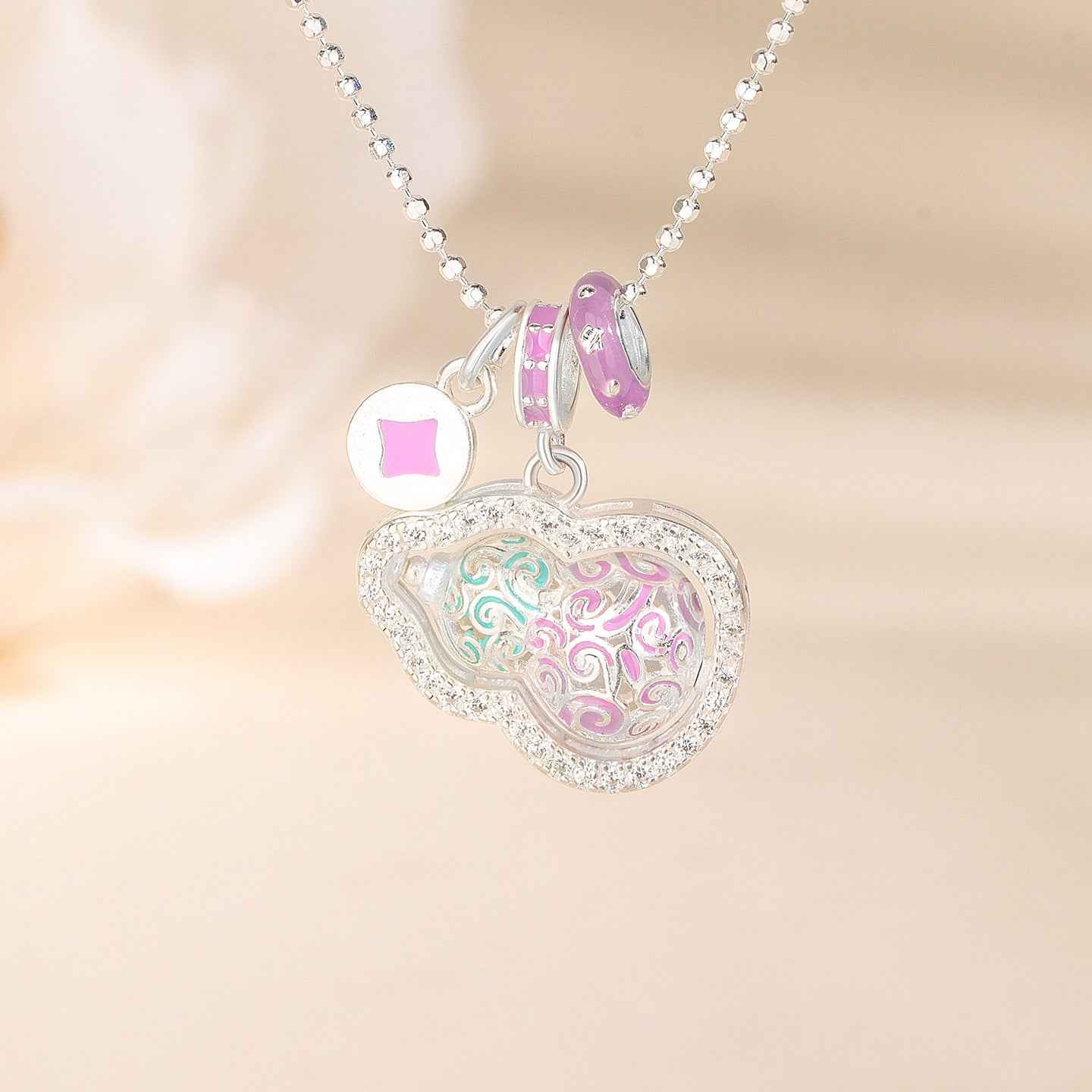 “Fortune Gourd” 925 Sterling Silver Enamel Lucky Gourd Necklace