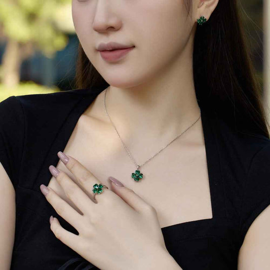 "Sakura Heart" 925 Sterling Silver Green Zircon Jewelry Set