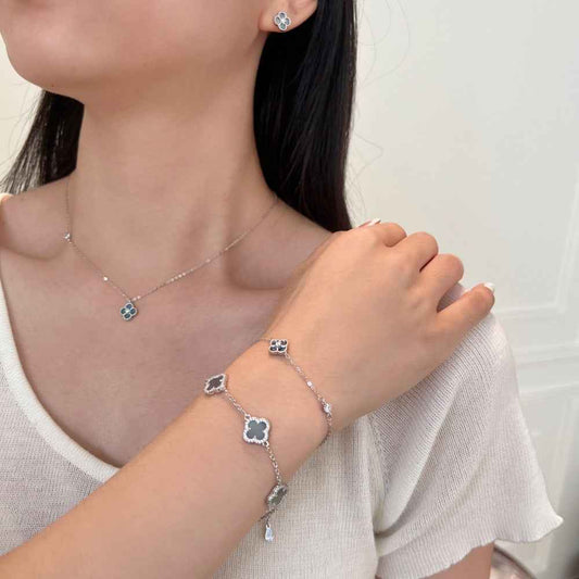 "Mist Petals" 925 Sterling Silver Mother-of-Pearl Clover Jewelry Set