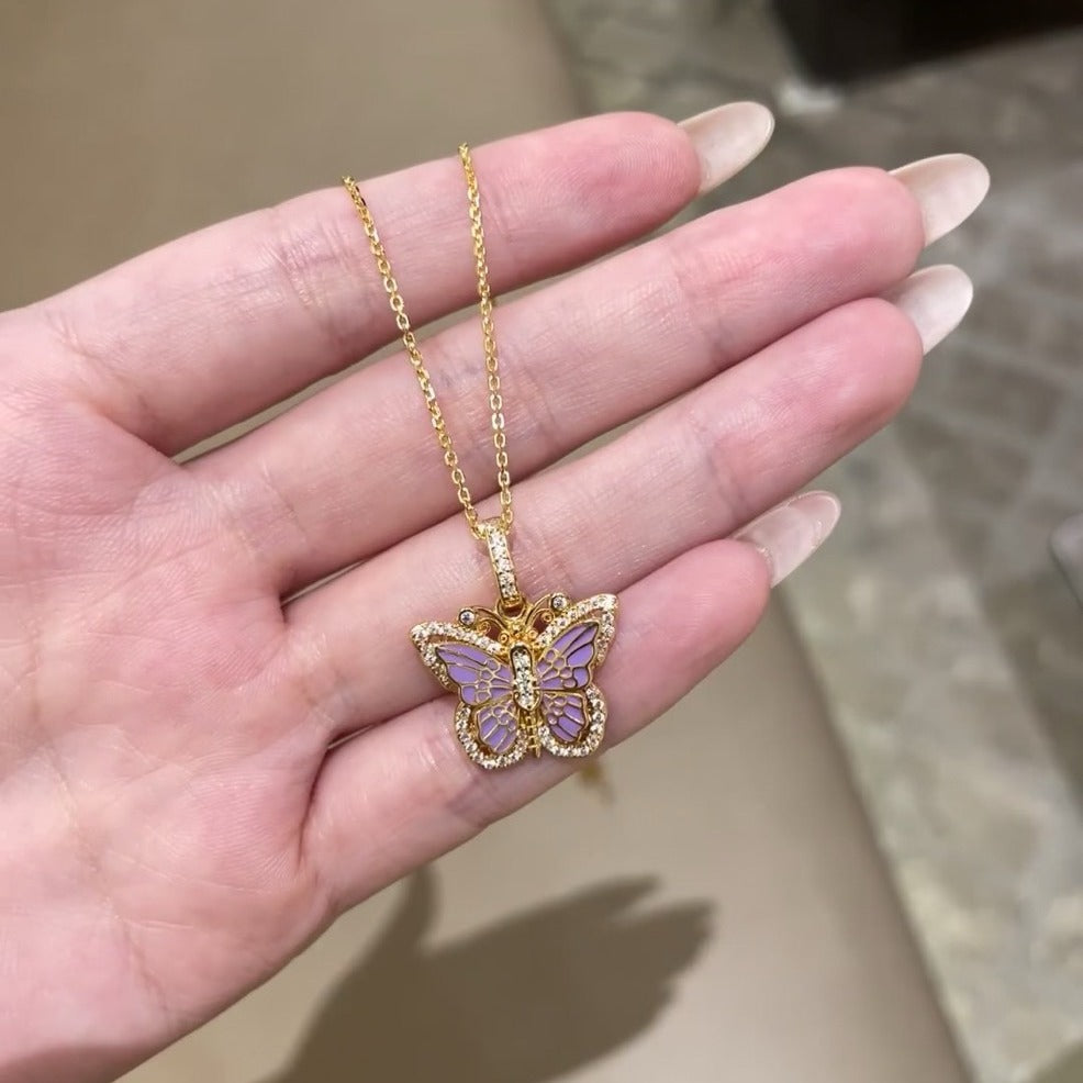 “Lavender Monarch” S925 Sterling Silver Gold Plated Enamel Butterfly Necklace