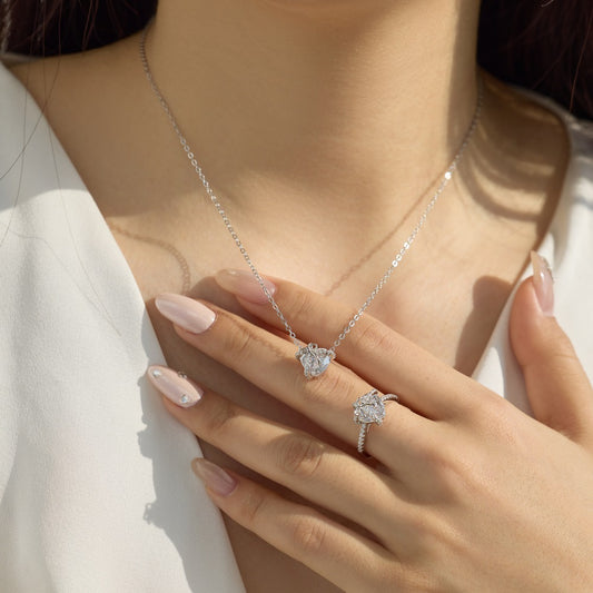 “Heartbound Promise” 925 Sterling Silver 5A Cubic Zirconia Heart Necklace & Ring Set