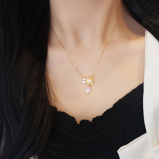 “Camellia Muse” S925 Sterling Silver Vintage Brushed Camellia Jewelry Set (Necklace & Earrings)