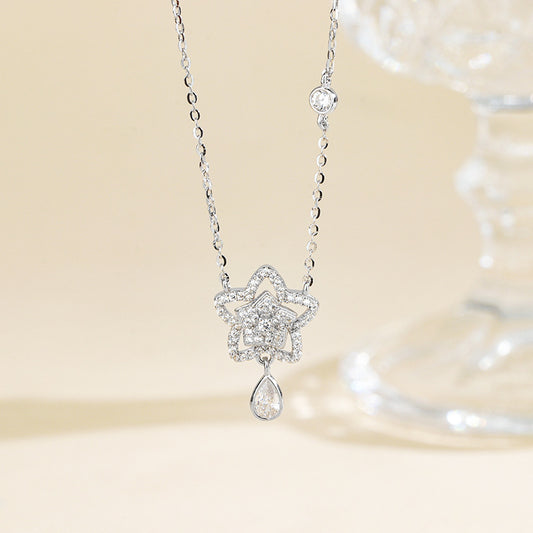 “Starlit Dew” S925 Sterling Silver Star Drop Necklace