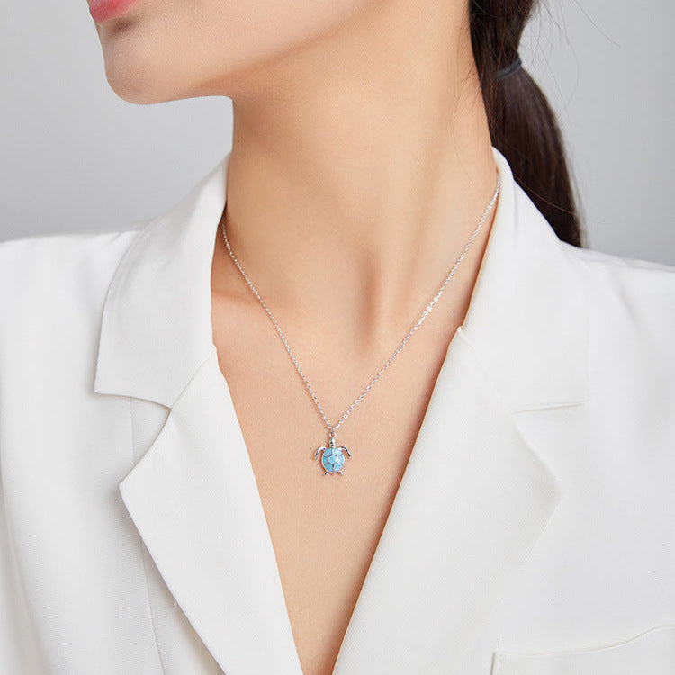 “Azure Turtle” S925 Sterling Silver Blue Enamel Sea Turtle Necklace