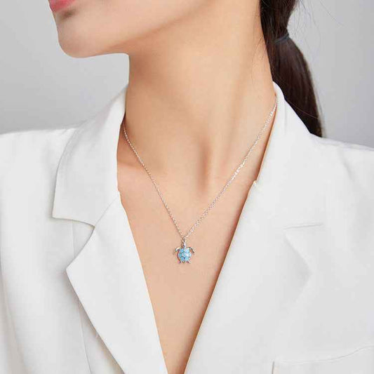“Azure Turtle” S925 Sterling Silver Blue Enamel Sea Turtle Necklace