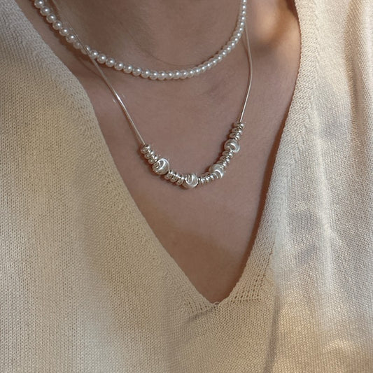 "Brushed Cat-Eye Charm" 925 Sterling Silver Necklace – Long Statement Beads
