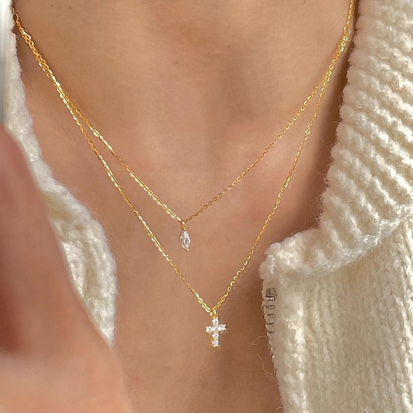 "Mini Double-Chain Cross" 925 Sterling Silver Necklace with 5A Zircon β Petite, Elegant, Faithful