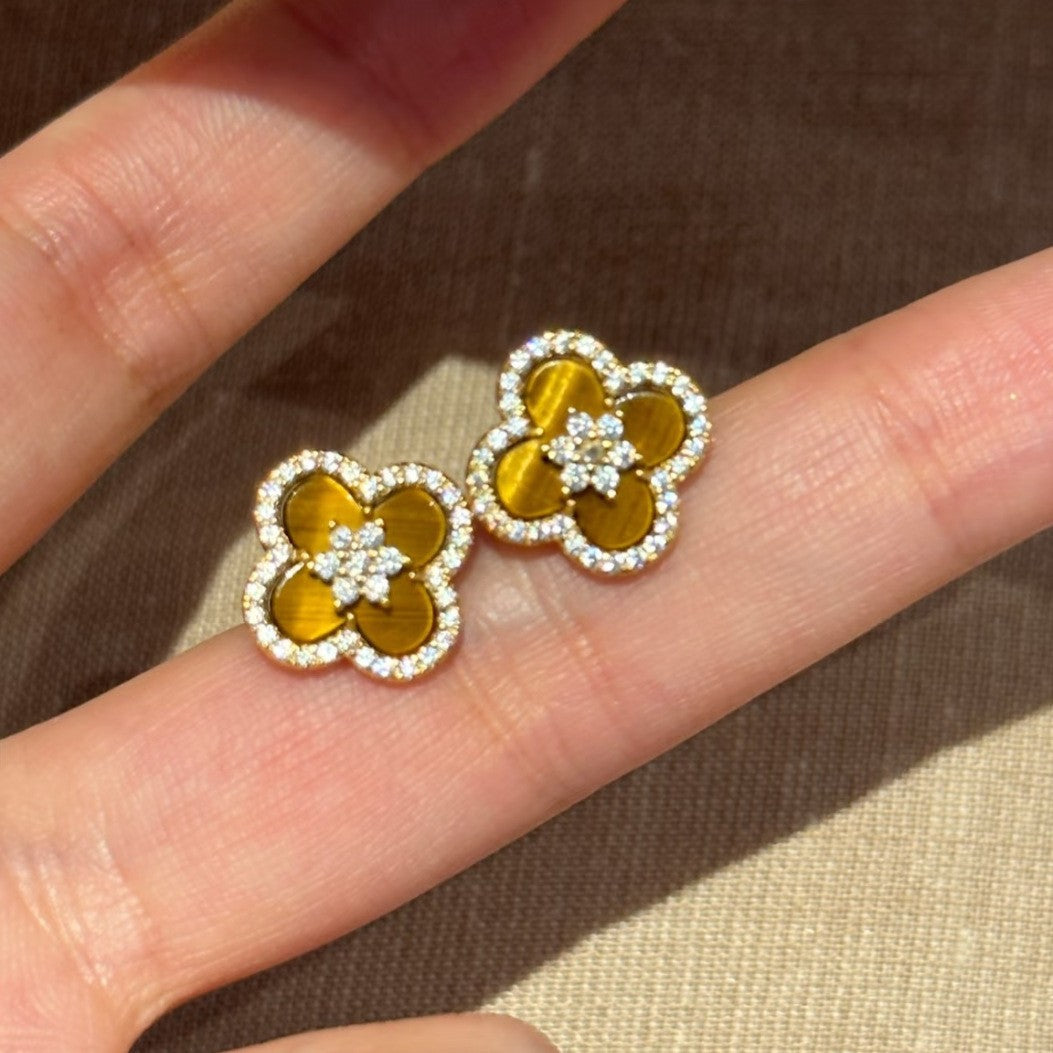 “Tiger Clover Radiance” 925 Sterling Silver Tiger Eye Four-Leaf Clover Jewelry Set