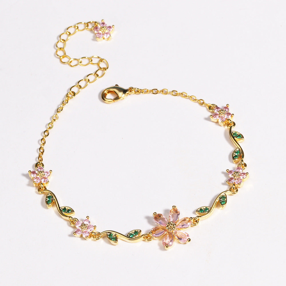 SWEETLIMEJUICE ピンククリスタル リーフブレスレット Sakura Breeze Brass Genuine Gold-Plated 3A Zircon Floral Bracelet
