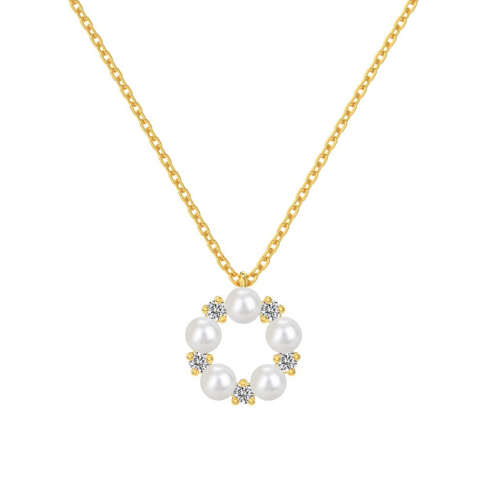 “Pearl Halo” S925 Sterling Silver Pearl & Zircon Circle Necklace