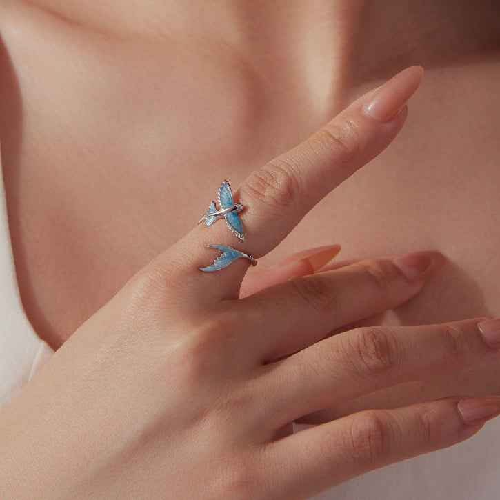“Skyfin” S925 Sterling Silver Blue Enamel Flying Fish Open Ring