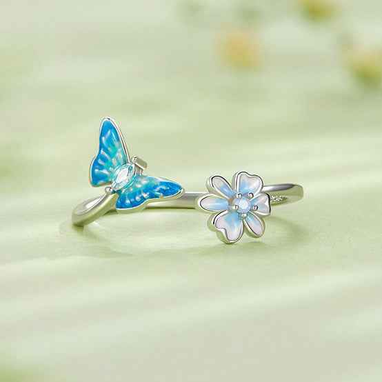 “Blue Flutter Bloom” S925 Sterling Silver Open Ring