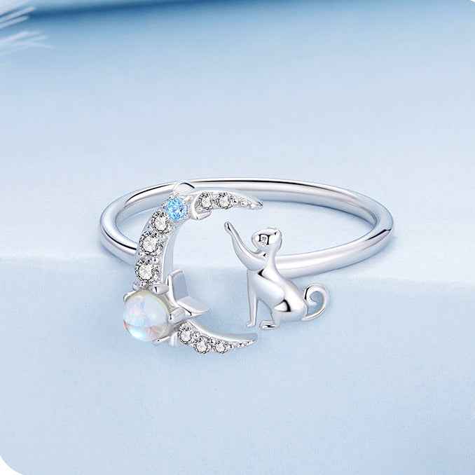 “Moonlit Kitty” S925 Sterling Silver Moonstone Cat Open Ring