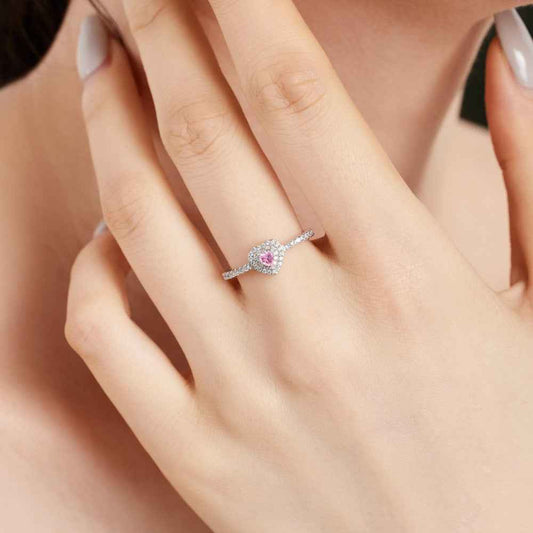 “Twilight Double Heart” 925 Sterling Silver Pink Halo Ring