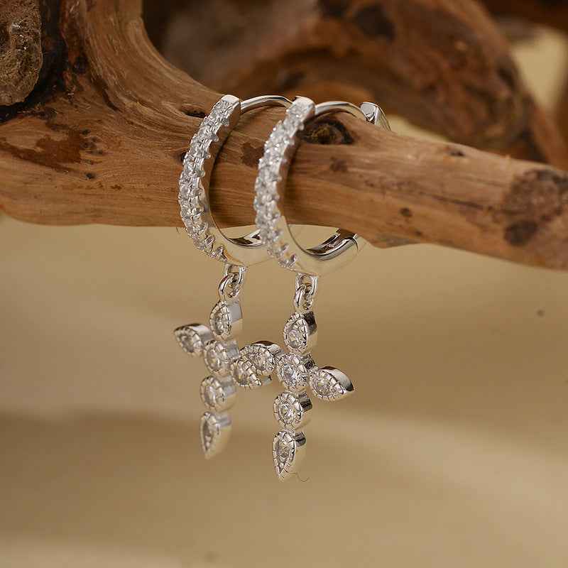 “Celestial Cross” S925 Sterling Silver Full Pavé Dangle Earrings