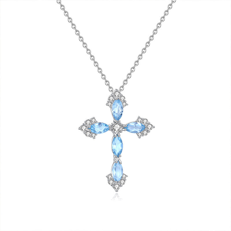 "Greek Maiden at the Wishing Well" 925 Sterling Silver Topaz-Blue Cross Pendant Necklace β Unique & Mystical