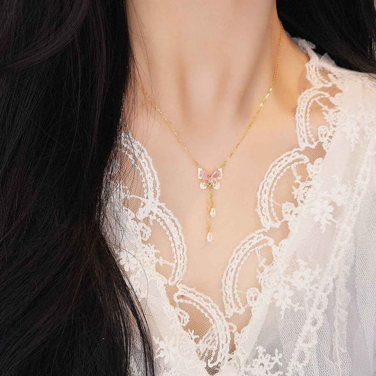 “Blush Flutter” 925 Sterling Silver Pink Butterfly Tassel Necklace
