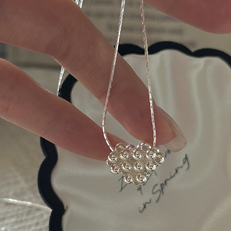 "Beaded Heart" 925 Sterling Silver Necklace – Korean-Inspired, Vintage Style