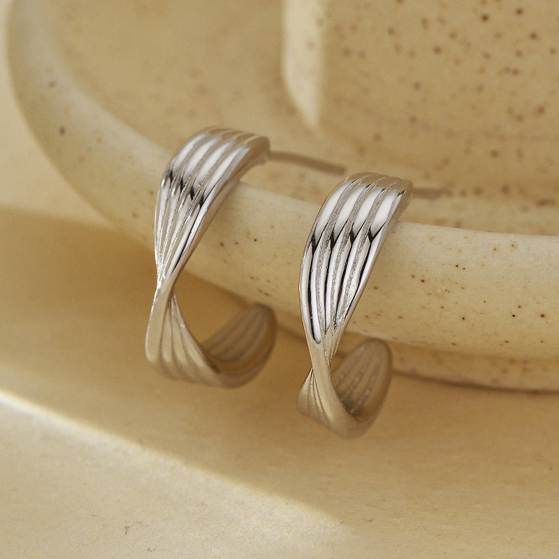 "Twist Line" 925 Sterling Silver Sculpted Hoop Earrings