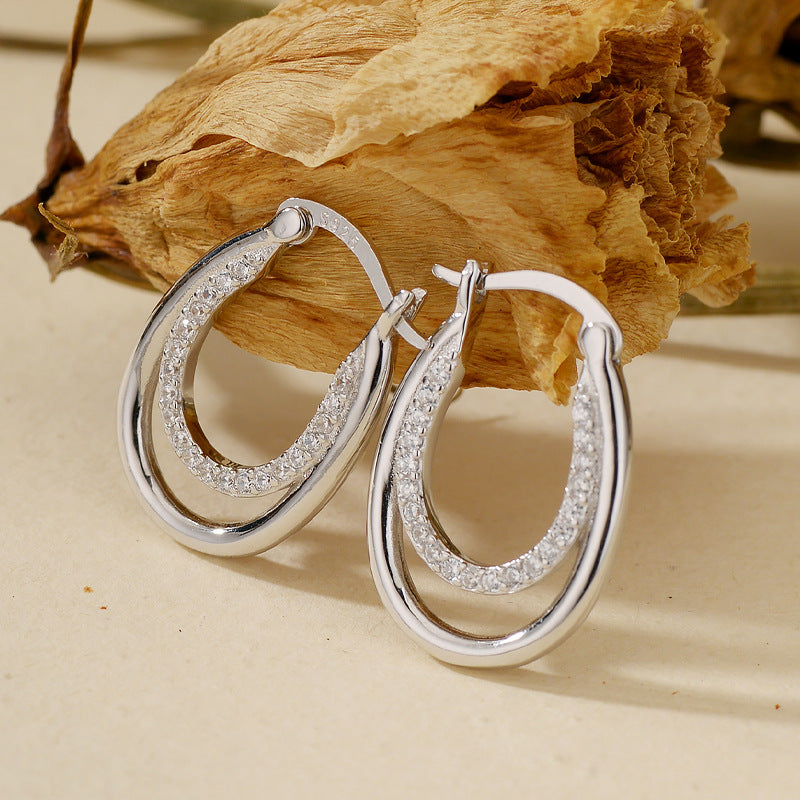 “Dual Arc Glow” 925 Sterling Silver Pavé Double-U Huggie Earrings