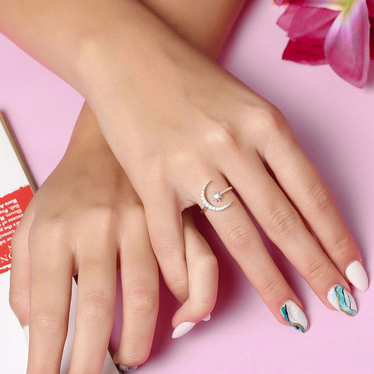 “Starlit Embrace” 925 Sterling Silver Moon & Star Adjustable Ring