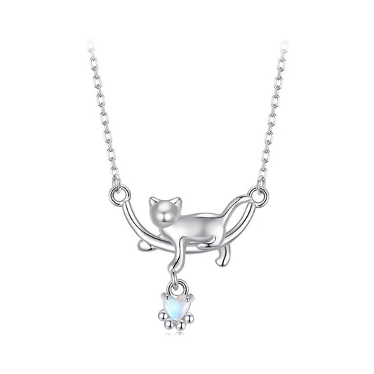 "Moonlight Cat" Platinum-Plated 925 Sterling Silver Cat Necklace with Moonstone – Playful & Elegant