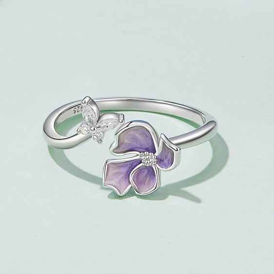 “Lavender Flutter” 925 Sterling Silver Purple Butterfly Flower Adjustable Open Ring