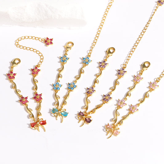 Belle Noeud Brass Genuine Gold-Plated 3A Zircon Bow Floral Bracelet