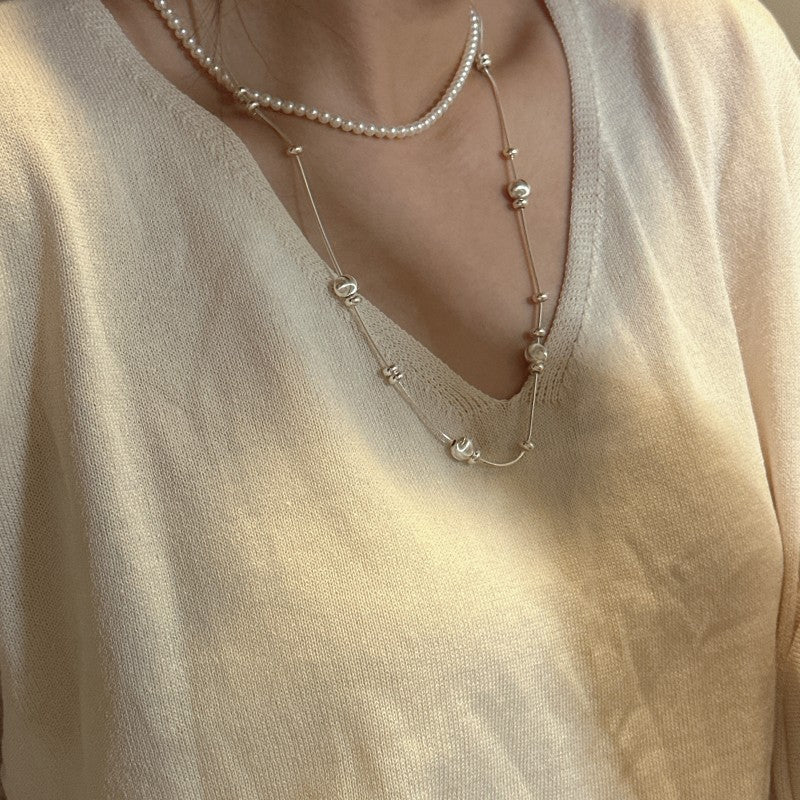 "Brushed Cat-Eye Charm" 925 Sterling Silver Necklace – Long Statement Beads