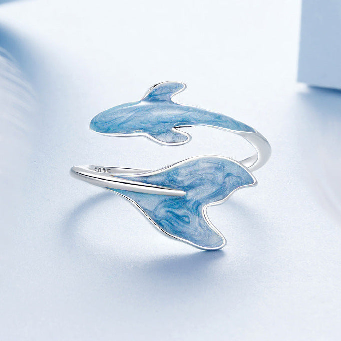 “Azure Dolphin” S925 Sterling Silver Enamel Open Ring