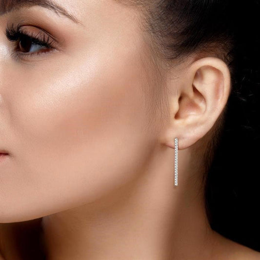 “Linear Radiance” 925 Sterling Silver Diamond Bar Drop Earrings