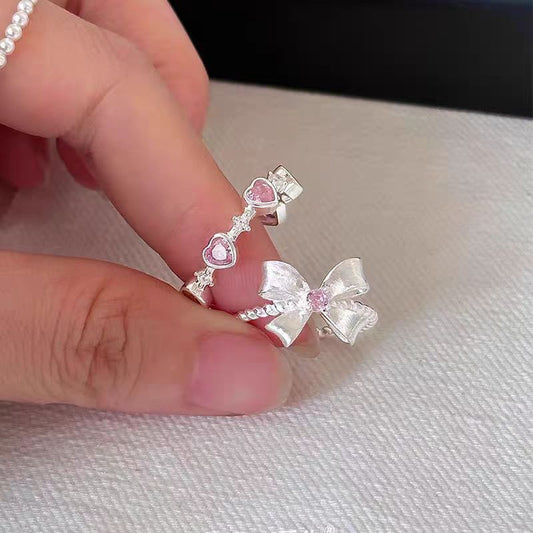 "Sweet Charm" 925 Sterling Silver Ring – Pink Zircon, Bow & Heart Designs