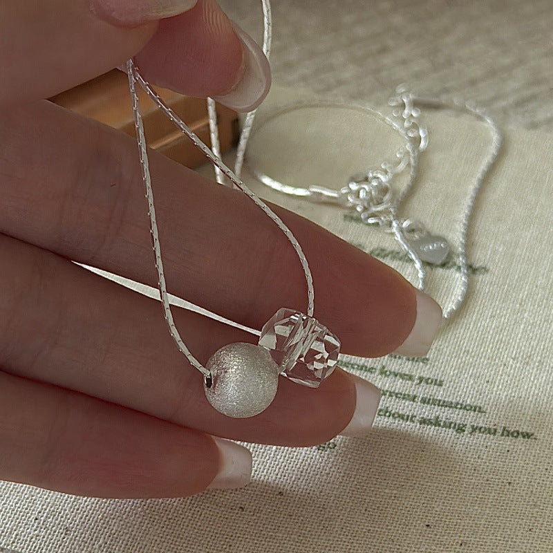 "Twilight Beads" 925 Sterling Silver Necklace – Brushed Silver & White Crystal