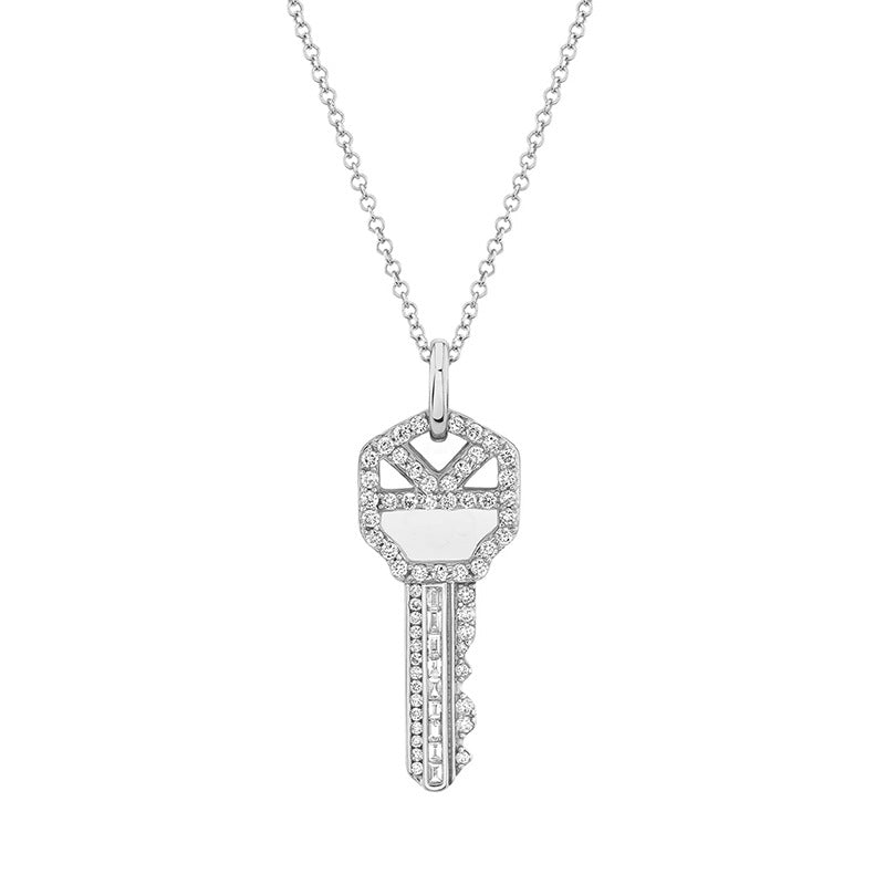 “Key of Power” 925 Sterling Silver Pavé Key Pendant Necklace