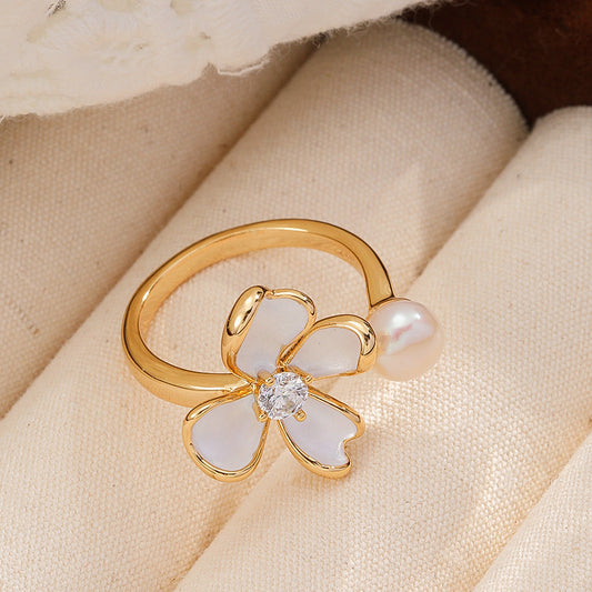 Flora Émail Eco-Friendly Copper 18K Gold Plated / Palladium White Gold Plated Enamel Flower Pearl Ring